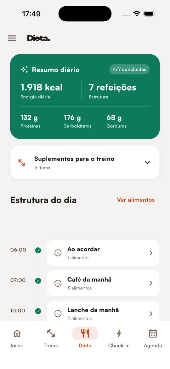 Plano alimentar e refeições do dia